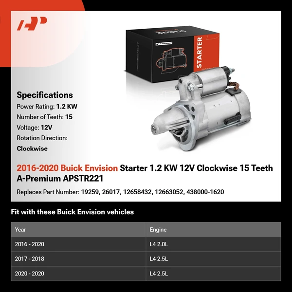 2016-2020 Buick Envision Starter 1.2 KW 12V Clockwise 15 Teeth A-Premium APSTR221