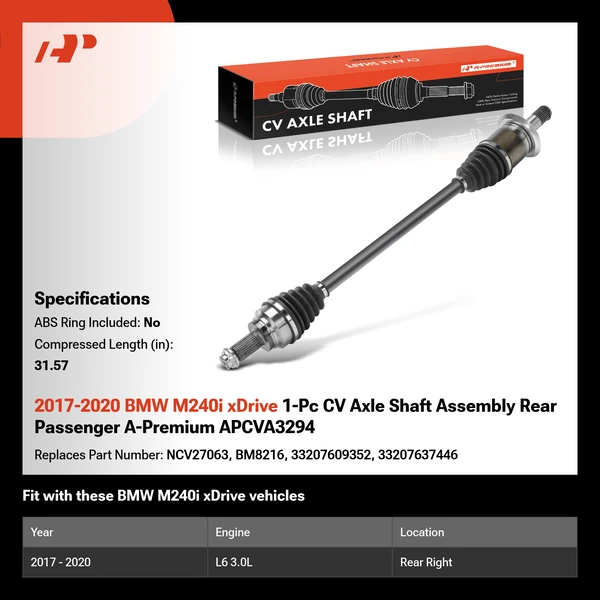 2017-2020 BMW M240i xDrive 1-Pc CV Axle Shaft Assembly Rear Passenger A-Premium APCVA3294