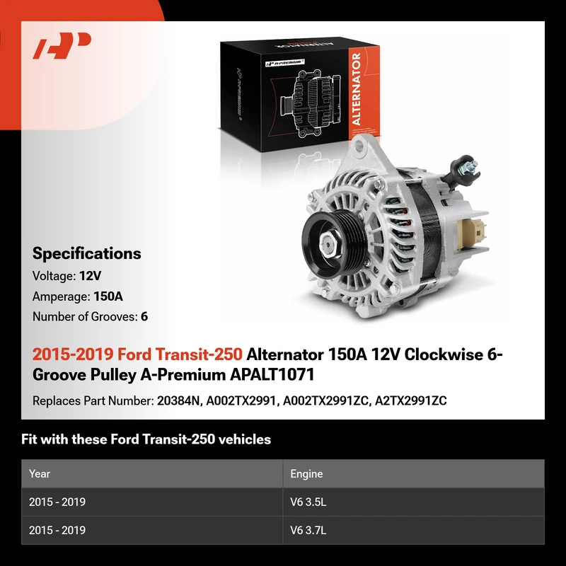 2015-2019 Ford Transit-250 Alternator 150A 12V Clockwise 6-Groove Pulley A-Premium APALT1071