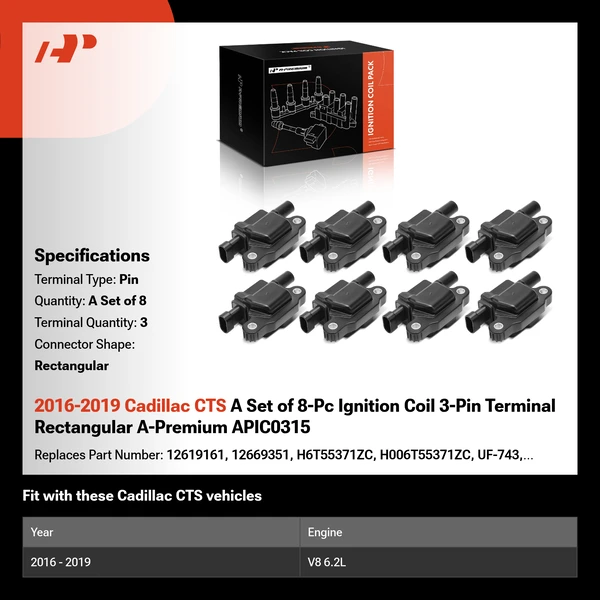 2016-2019 Cadillac CTS A Set of 8-Pc Ignition Coil 3-Pin Terminal Rectangular A-Premium APIC0315