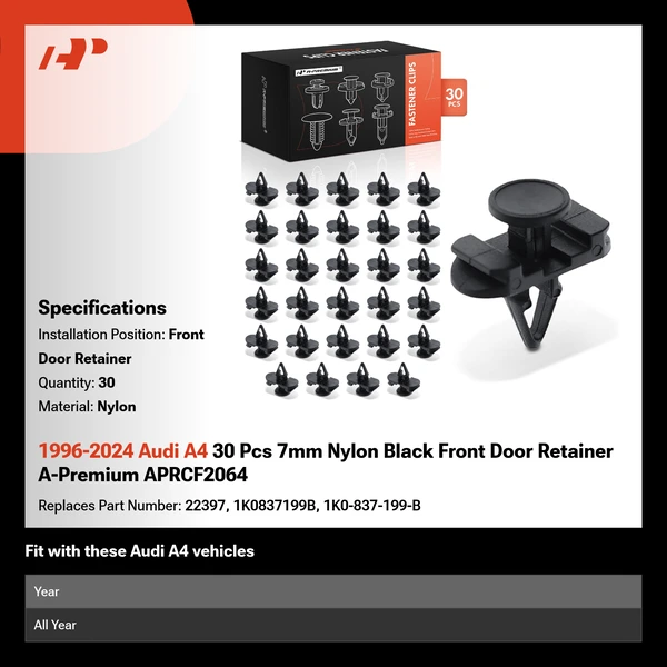 1996-2024 Audi A4 30 Pcs 7mm Nylon Black Front Door Retainer A-Premium APRCF2064