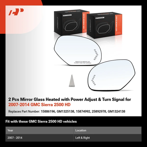 2 Pcs Mirror Glass Heated with Power Adjust & Turn Signal for 2007-2014 GMC Sierra 2500 HD