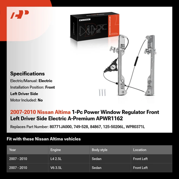 2007-2010 Nissan Altima 1-Pc Power Window Regulator Front Left Driver Side Electric A-Premium APWR1162