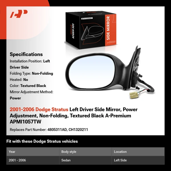 2001-2006 Dodge Stratus Left Driver Side Mirror, Power Adjustment, Non-Folding, Textured Black A-Premium APMI1057TW