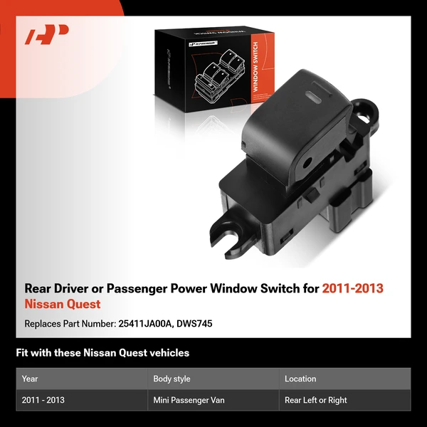 Rear Driver or Passenger Power Window Switch for 2011-2013 Nissan Quest