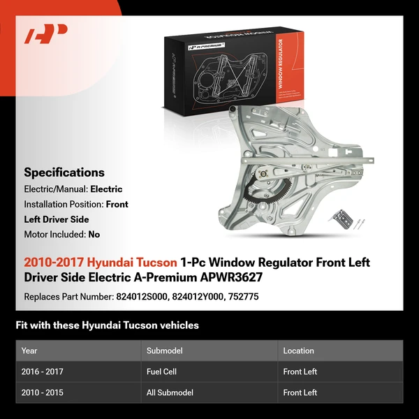 2010-2017 Hyundai Tucson 1-Pc Window Regulator Front Left Driver Side Electric A-Premium APWR3627
