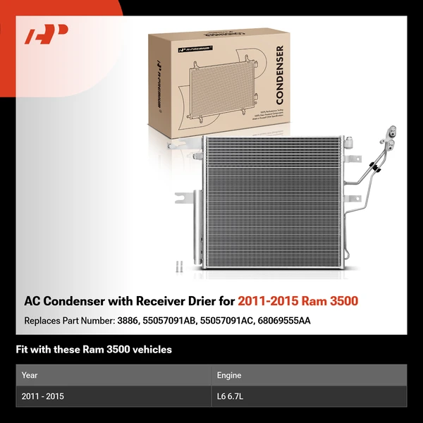 AC Condenser with Receiver Drier for 2011-2015 Ram 3500