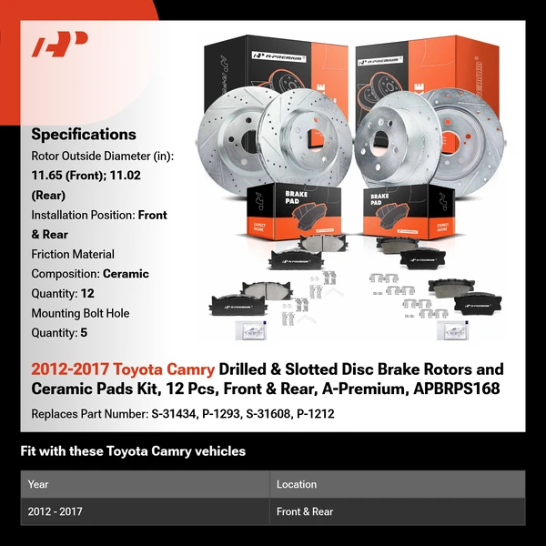 2012-2017 Toyota Camry Drilled & Slotted Disc Brake Rotors and Ceramic Pads Kit, 12 Pcs, Front & Rear, A-Premium, APBRPS168