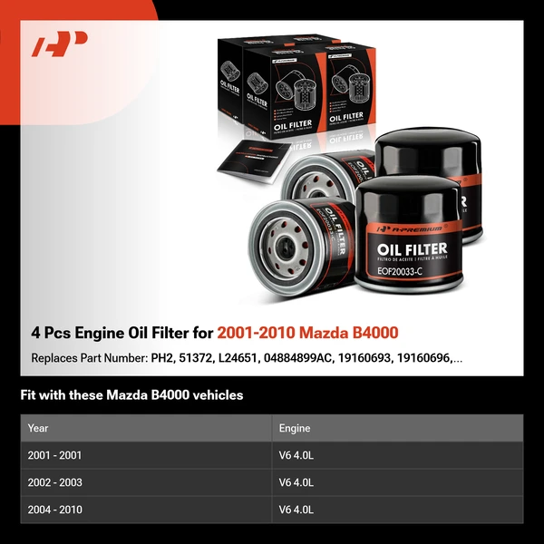 4 Pcs Engine Oil Filter for 2001-2010 Mazda B4000