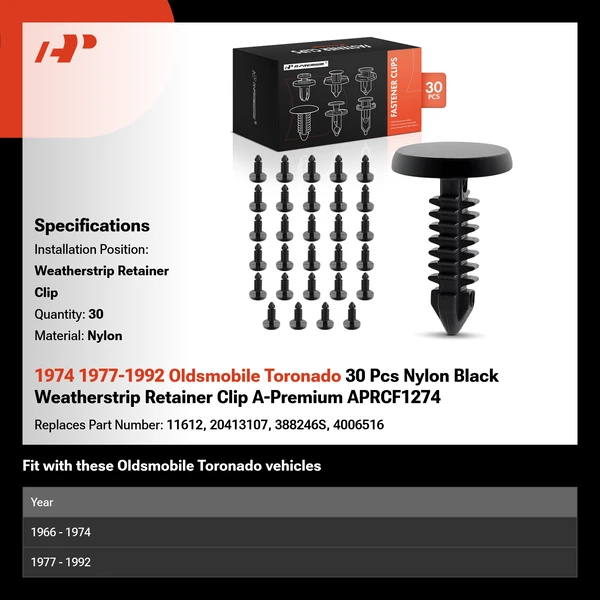 1974 1977-1992 Oldsmobile Toronado 30 Pcs Nylon Black Weatherstrip Retainer Clip A-Premium APRCF1274