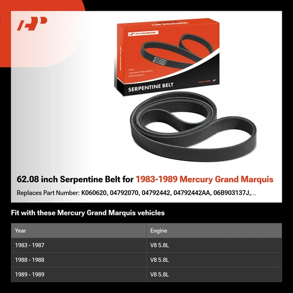 62.08 inch Serpentine Belt for 1983-1989 Mercury Grand Marquis