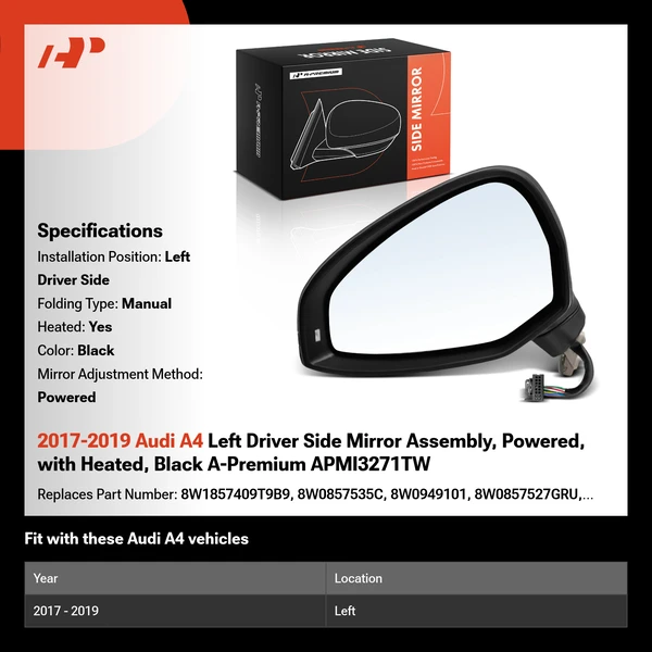 2017-2019 Audi A4 Left Driver Side Mirror Assembly, Powered, with Heated, Black A-Premium APMI3271TW