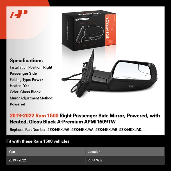 2019-2022 Ram 1500 Right Passenger Side Mirror, Powered, with Heated, Gloss Black A-Premium APMI1609TW