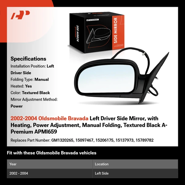 2002-2004 Oldsmobile Bravada Left Driver Side Mirror, with Heating, Power Adjustment, Manual Folding, Textured Black A-Premium APMI659