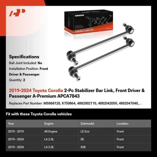 2019-2024 Toyota Corolla 2-Pc Stabilizer Bar Link, Front Driver & Passenger A-Premium APCA7843