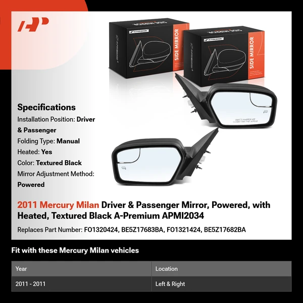 2011 Mercury Milan Driver & Passenger Mirror, Powered, with Heated, Textured Black A-Premium APMI2034