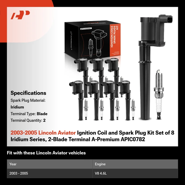 2003-2005 Lincoln Aviator Ignition Coil and Spark Plug Kit Set of 8 Iridium Series, 2-Blade Terminal A-Premium APIC0782