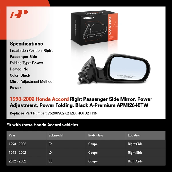 1998-2002 Honda Accord Right Passenger Side Mirror, Power Adjustment, Power Folding, Black A-Premium APMI2648TW