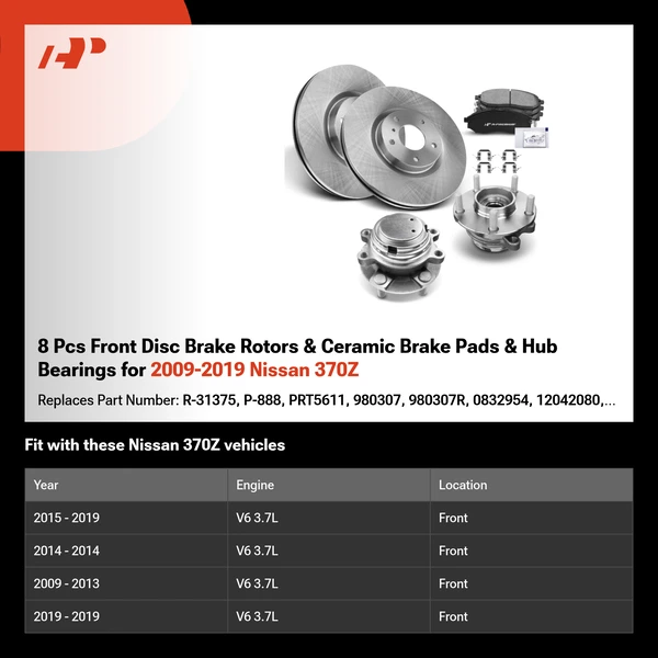 8 Pcs Front Disc Brake Rotors & Ceramic Brake Pads & Hub Bearings for 2009-2019 Nissan 370Z