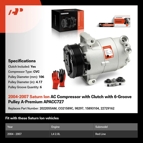2004-2007 Saturn Ion AC Compressor with Clutch with 6-Groove Pulley A-Premium APACC727