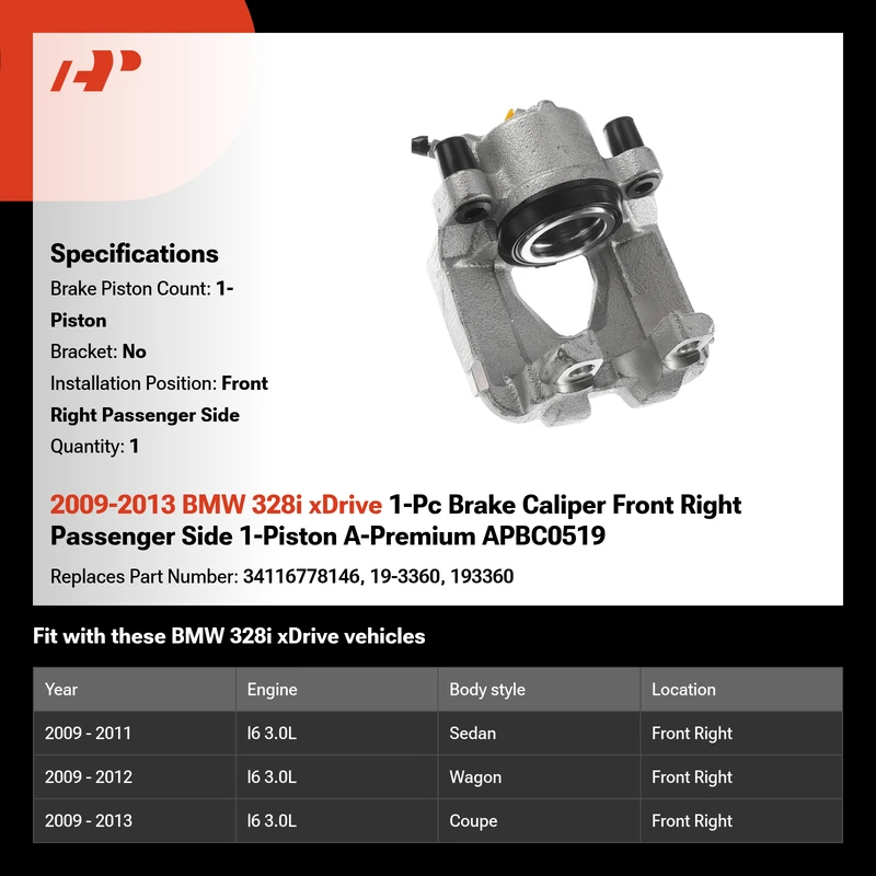 2009-2013 BMW 328i xDrive 1-Pc Brake Caliper Front Right Passenger Side 1-Piston A-Premium APBC0519