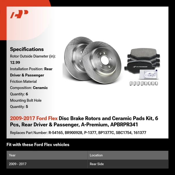 2009-2017 Ford Flex Disc Brake Rotors and Ceramic Pads Kit, 6 Pcs, Rear Driver & Passenger, A-Premium, APBRPR341