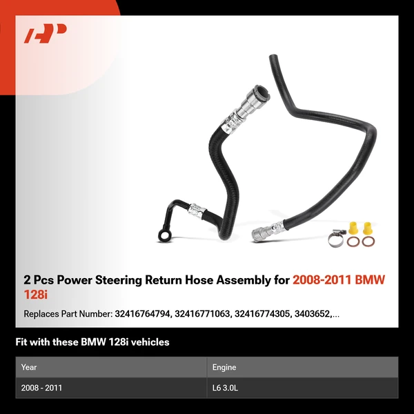 2 Pcs Power Steering Return Hose Assembly for 2008-2011 BMW 128i