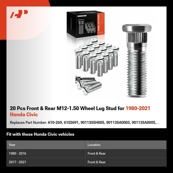 20 Pcs Front & Rear M12-1.50 Wheel Lug Stud for 1980-2021 Honda Civic