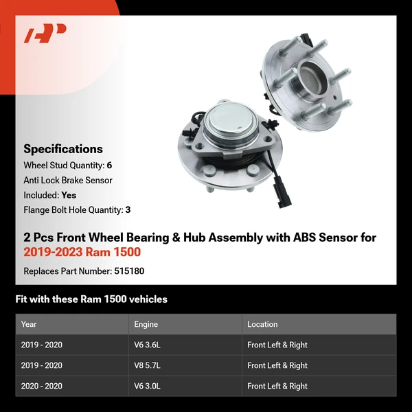 2 Pcs Front Wheel Bearing & Hub Assembly with ABS Sensor for 2019-2023 Ram 1500