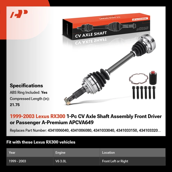 1999-2003 Lexus RX300 1-Pc CV Axle Shaft Assembly Front Driver or Passenger A-Premium APCVA649
