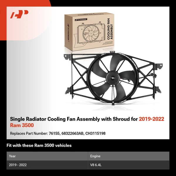 Single Radiator Cooling Fan Assembly with Shroud for 2019-2022 Ram 3500