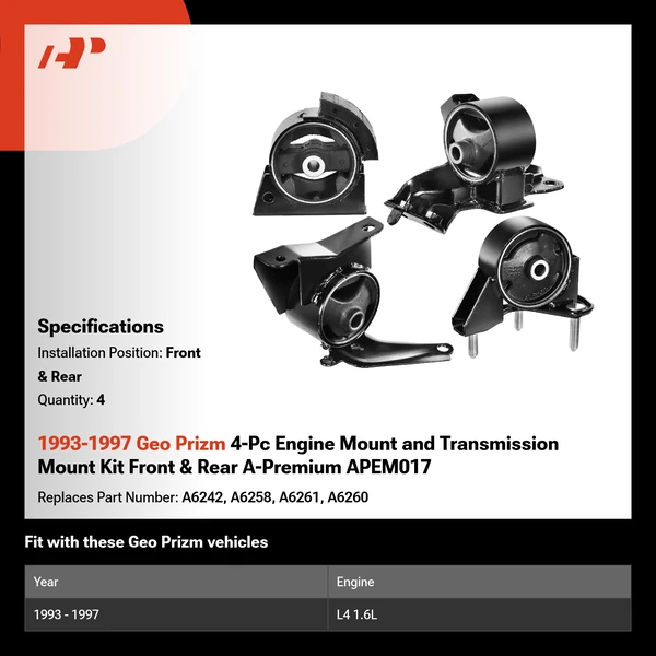 1993-1997 Geo Prizm 4-Pc Engine Mount and Transmission Mount Kit Front & Rear A-Premium APEM017