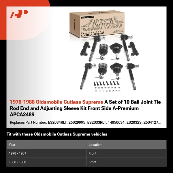 1978-1988 Oldsmobile Cutlass Supreme A Set of 10 Ball Joint Tie Rod End and Adjusting Sleeve Kit Front Side A-Premium APCA2489