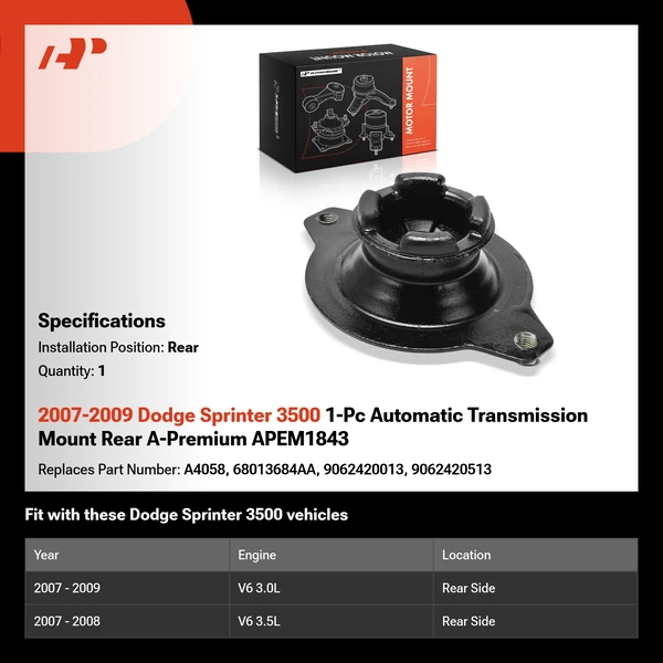 2007-2009 Dodge Sprinter 3500 1-Pc Automatic Transmission Mount Rear A-Premium APEM1843