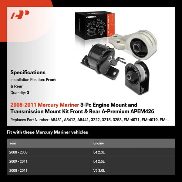 2008-2011 Mercury Mariner 3-Pc Engine Mount and Transmission Mount Kit Front & Rear A-Premium APEM426