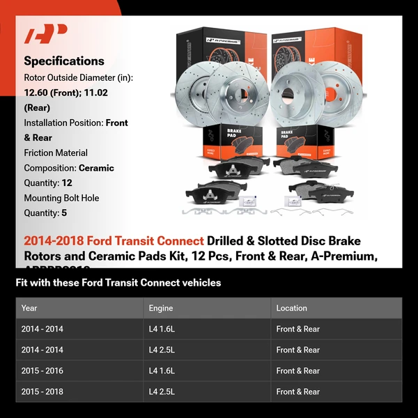 2014-2018 Ford Transit Connect Drilled & Slotted Disc Brake Rotors and Ceramic Pads Kit, 12 Pcs, Front & Rear, A-Premium, APBRPS218