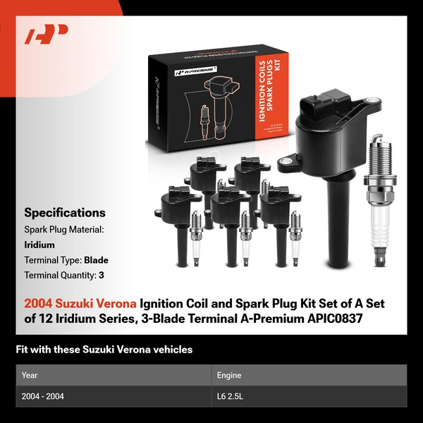 2004 Suzuki Verona Ignition Coil and Spark Plug Kit Set of A Set of 12 Iridium Series, 3-Blade Terminal A-Premium APIC0837