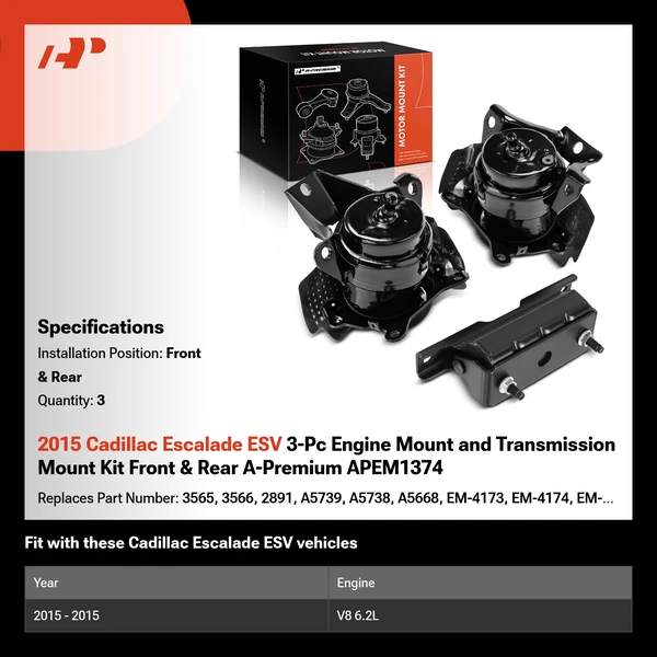 2015 Cadillac Escalade ESV 3-Pc Engine Mount and Transmission Mount Kit Front & Rear A-Premium APEM1374
