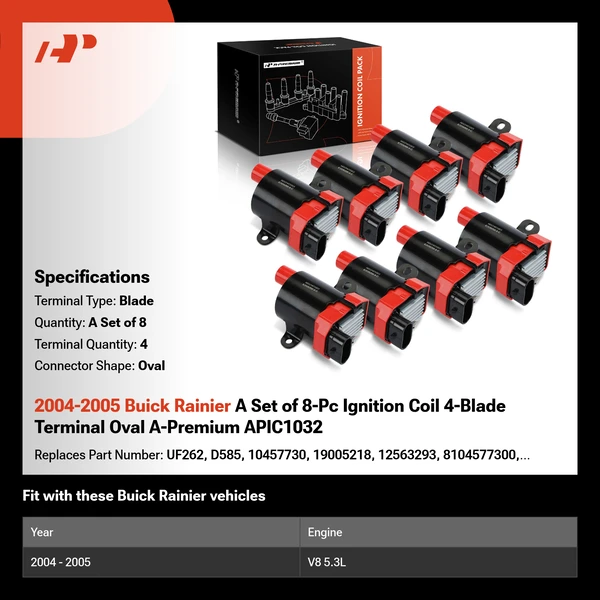 2004-2005 Buick Rainier A Set of 8-Pc Ignition Coil 4-Blade Terminal Oval A-Premium APIC1032