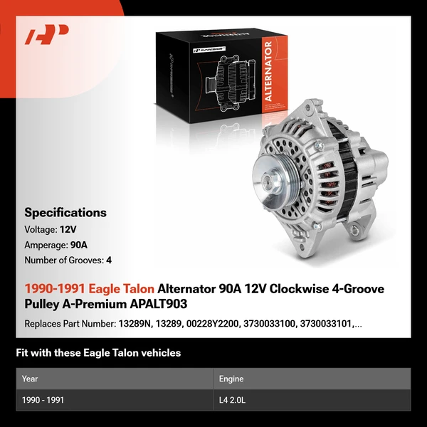 1990-1991 Eagle Talon Alternator 90A 12V Clockwise 4-Groove Pulley A-Premium APALT903