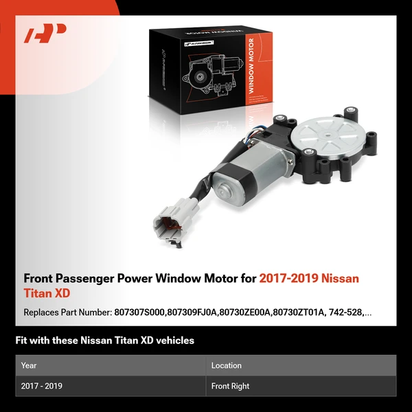 Front Passenger Power Window Motor for 2017-2019 Nissan Titan XD