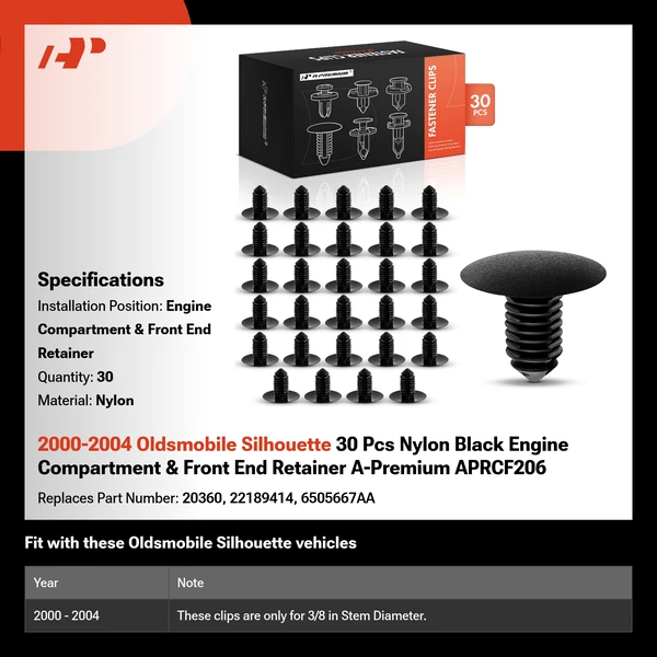 2000-2004 Oldsmobile Silhouette 30 Pcs Nylon Black Engine Compartment & Front End Retainer A-Premium APRCF206