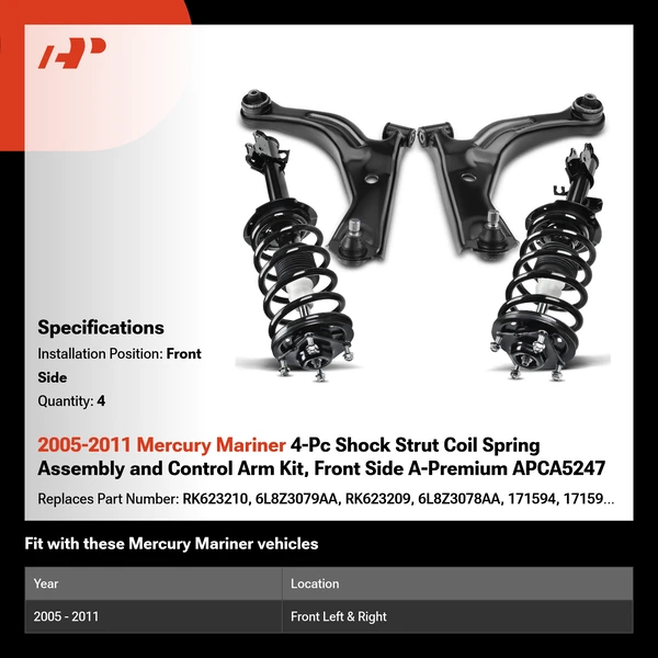 2005-2011 Mercury Mariner 4-Pc Shock Strut Coil Spring Assembly and Control Arm Kit, Front Side A-Premium APCA5247