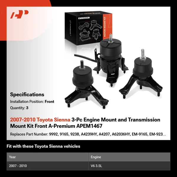 2007-2010 Toyota Sienna 3-Pc Engine Mount and Transmission Mount Kit Front A-Premium APEM1467