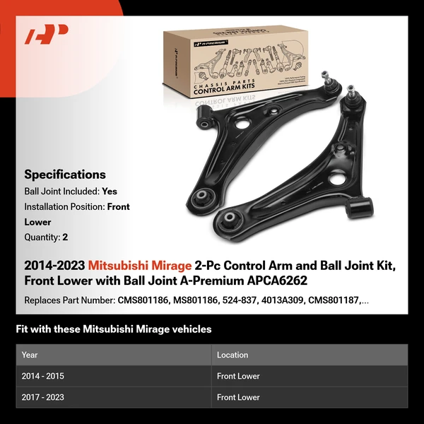 2014-2023 Mitsubishi Mirage 2-Pc Control Arm and Ball Joint Kit, Front Lower with Ball Joint A-Premium APCA6262