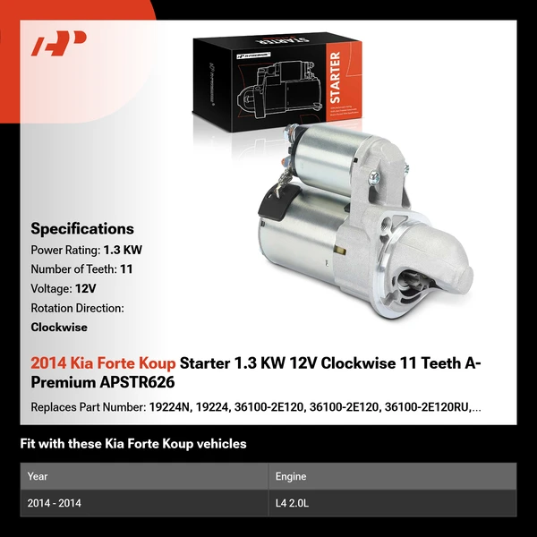 2014 Kia Forte Koup Starter 1.3 KW 12V Clockwise 11 Teeth A-Premium APSTR626