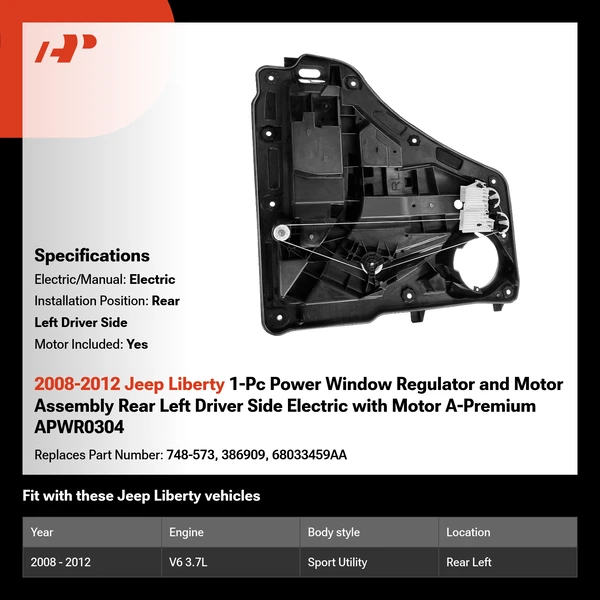 2008-2012 Jeep Liberty 1-Pc Power Window Regulator and Motor Assembly Rear Left Driver Side Electric with Motor A-Premium APWR0304