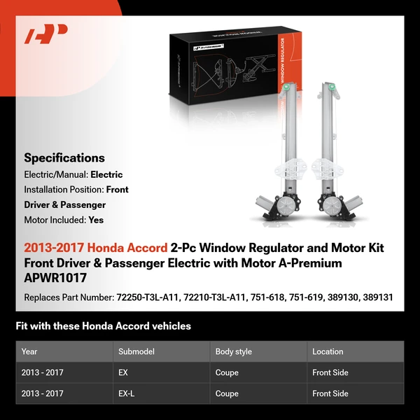 2013-2017 Honda Accord 2-Pc Window Regulator and Motor Kit Front Driver & Passenger Electric with Motor A-Premium APWR1017