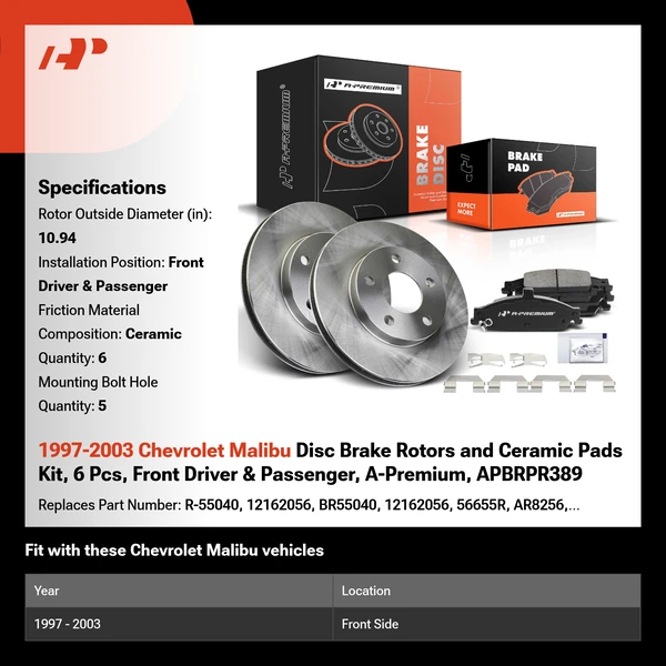 1997-2003 Chevrolet Malibu Disc Brake Rotors and Ceramic Pads Kit, 6 Pcs, Front Driver & Passenger, A-Premium, APBRPR389