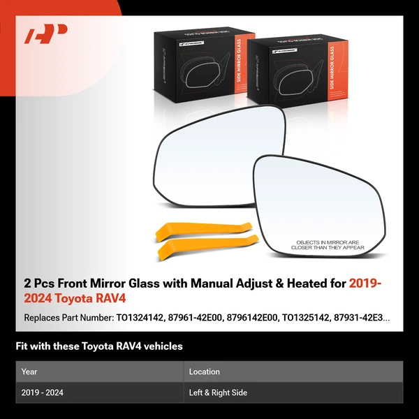 2 Pcs Front Mirror Glass with Manual Adjust & Heated for 2019-2024 Toyota RAV4